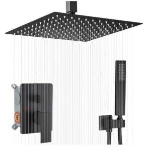 Matte black ceiling rain shower system with handheld