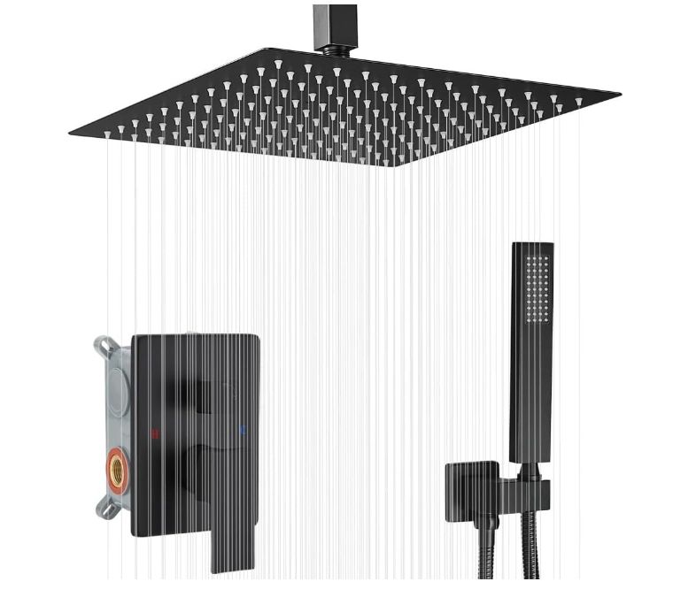 Matte black ceiling rain shower system with handheld