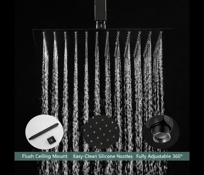 Rain shower close-up – 12-inch square rain shower head showing water flow and silicone nozzles.